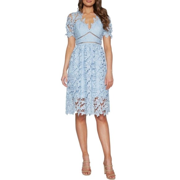 Bardot Dress Ricko Pastel Blue Lace V Neck Short Sleeve - Picture 1 of 14